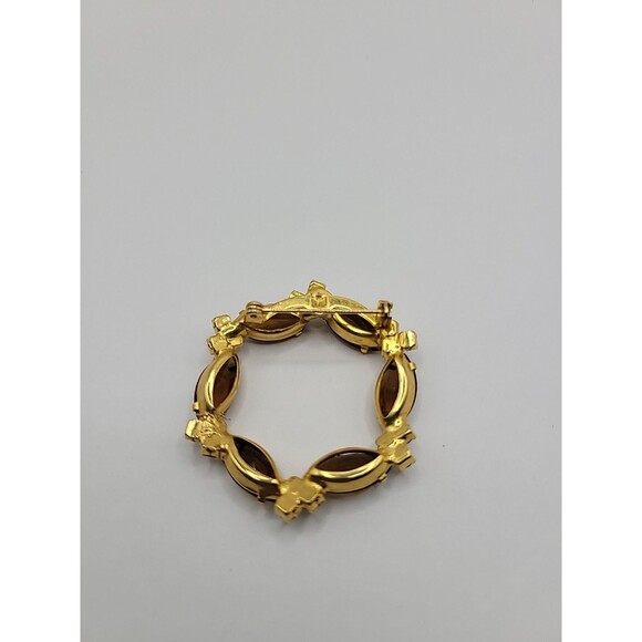 Vintage Brooch Pin Round Gold Tone Brown Yellow Crystals Jewelry Costume - Picture 11 of 13